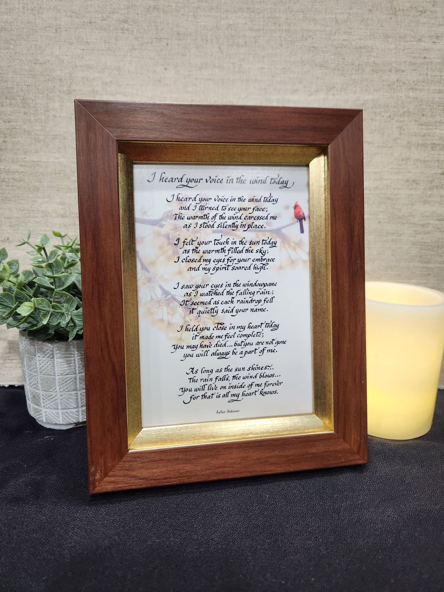 I heard your voice in the wind today small framed poem with cardinal