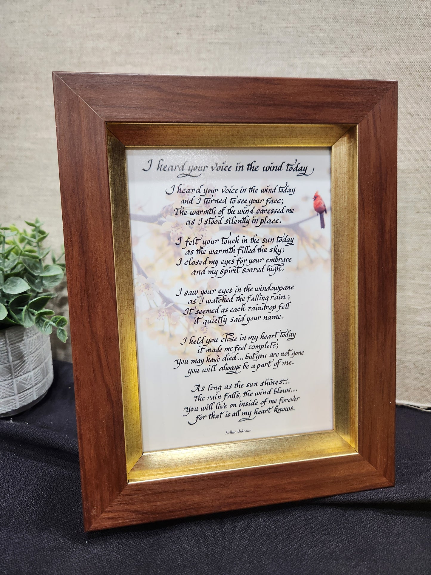 I heard your voice in the wind today small framed poem with cardinal