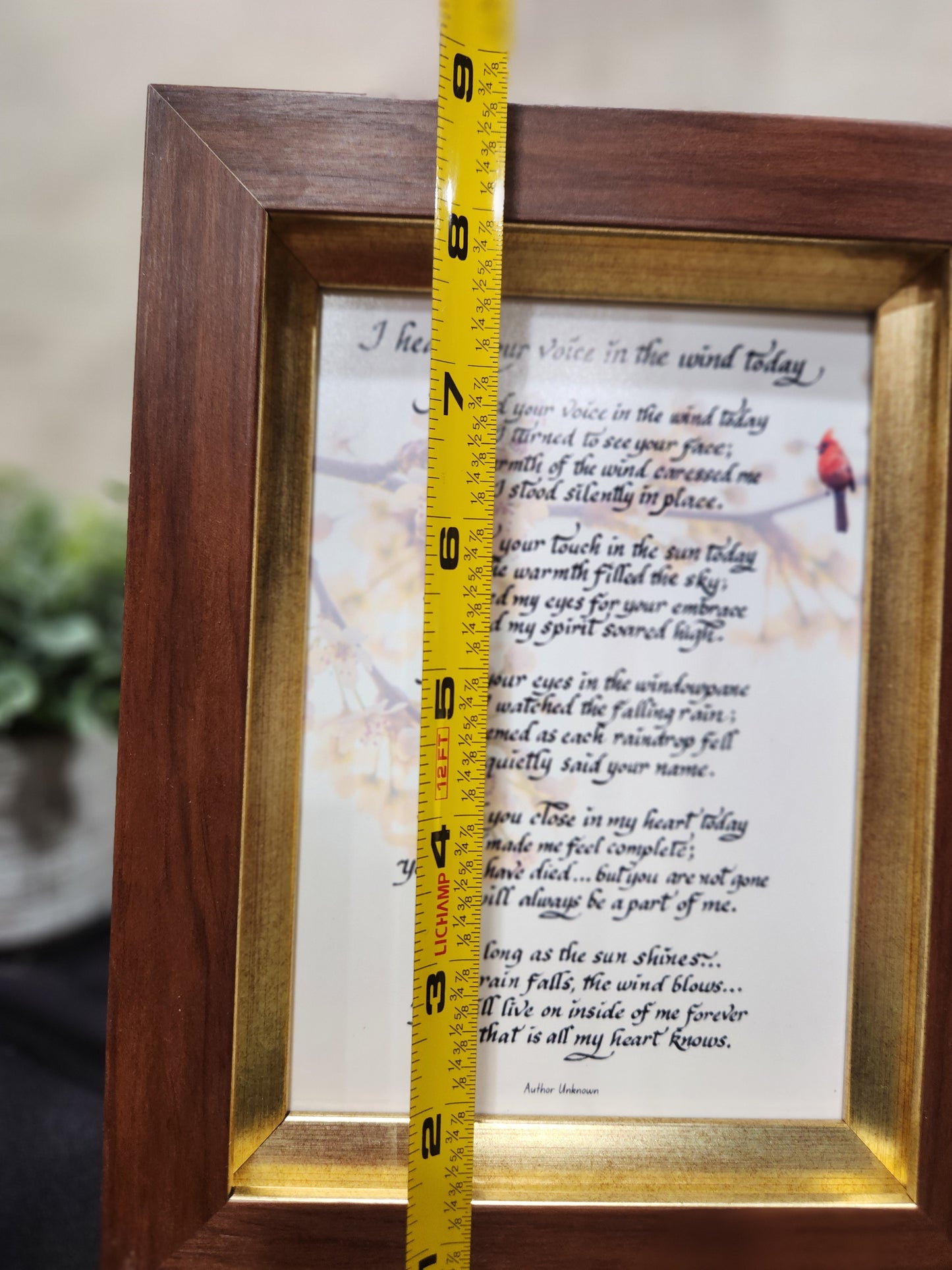 I heard your voice in the wind today small framed poem with cardinal