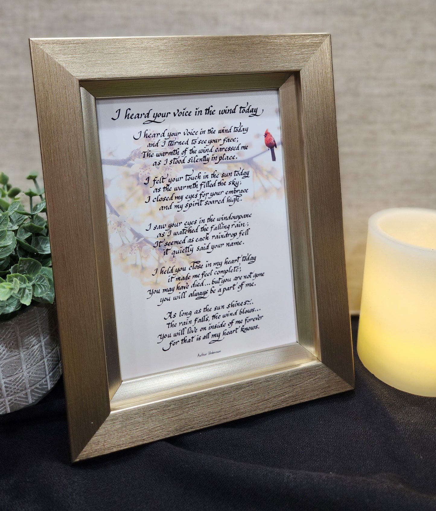 I heard your voice in the wind today small framed poem with cardinal