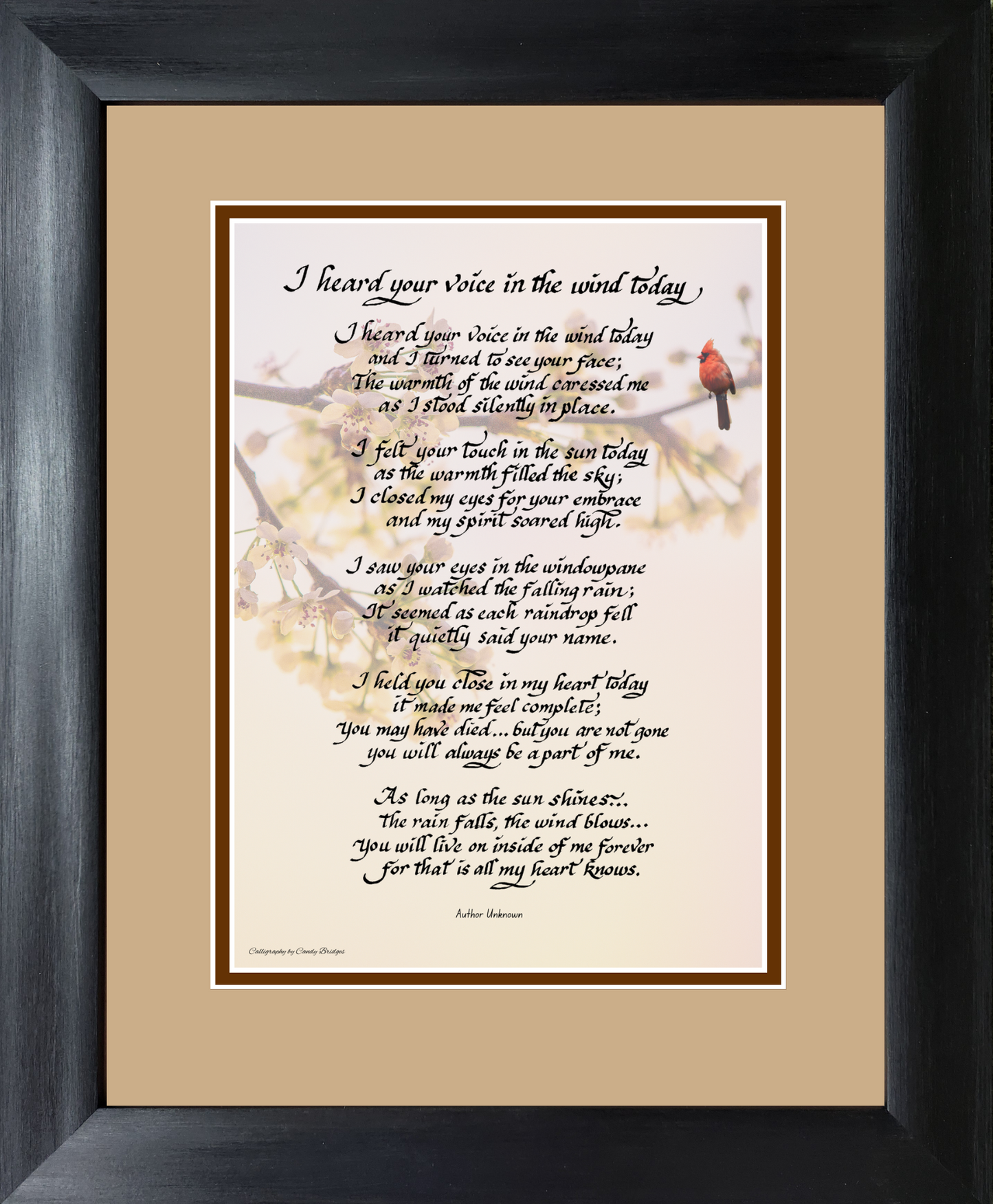 I heard your voice in the wind today memorial custom framed poem.