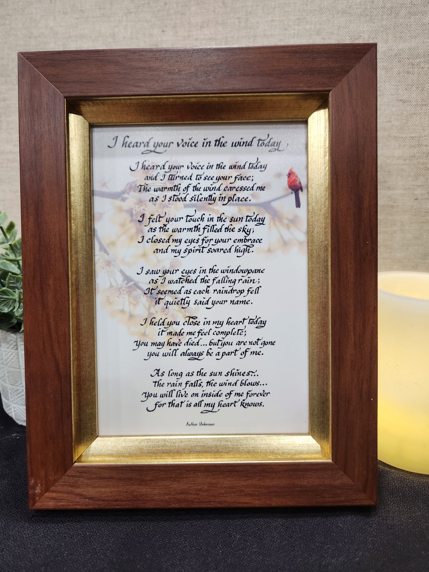 I heard your voice in the wind today small framed poem with cardinal